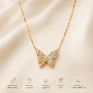 Midnight Monarch & Azure Papillon: Dainty Gold-Plated Butterfly Necklace Featuring Lyrical Narrative Packaging